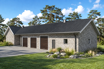 Projekt budynku gospodarczego Planujdom G02 - parterowy dom o powierzchni 239,78 m², dach wielospadowy, koszt budowy 491 549 zł - ujęcie frontu