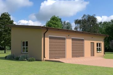 Projekt budynku gospodarczego Planujdom GŻ57 - parterowy dom o powierzchni 73,92 m², dach płaski, koszt budowy 170 016 zł - ujęcie frontu