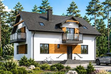 Projekt domu Planujdom 001 - parterowy z poddaszem dom o powierzchni 168,50 m², dach dwuspadowy, koszt budowy 470 000 zł - ujęcie frontu