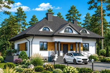 Projekt domu Planujdom 003 - parterowy z poddaszem dom o powierzchni 162,33 m², dach kopertowy, koszt budowy 497 000 zł - ujęcie frontu