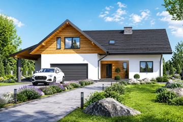 Projekt domu Planujdom 005 - parterowy z poddaszem dom o powierzchni 256,93 m², dach wielospadowy, koszt budowy 721 000 zł - ujęcie frontu