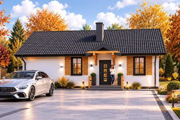 Projekt domu Planujdom 006 - parterowy dom o powierzchni 73,27 m², dach dwuspadowy, koszt budowy 226 000 zł - ujęcie frontu