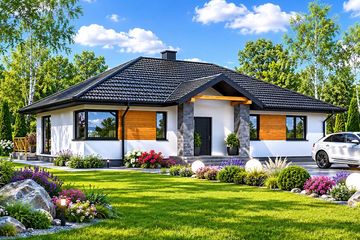Projekt domu Planujdom 010 - parterowy dom o powierzchni 118,90 m², dach kopertowy, koszt budowy 364 000 zł - ujęcie frontu