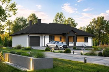 Projekt domu Planujdom 011 - parterowy dom o powierzchni 147,40 m², dach kopertowy, koszt budowy 432 000 zł - ujęcie frontu