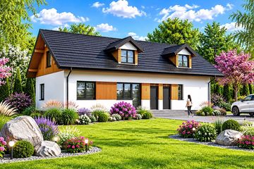 Projekt domu Planujdom 016 - parterowy dom o powierzchni 60,05 m², dach dwuspadowy, koszt budowy 193 000 zł - ujęcie frontu