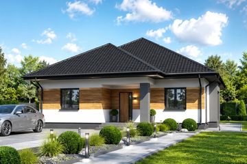 Projekt domu Planujdom 022 - parterowy dom o powierzchni 139,54 m², dach kopertowy, koszt budowy 389 000 zł - ujęcie frontu