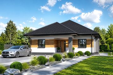 Projekt domu Planujdom 022 - parterowy dom o powierzchni 139,54 m², dach kopertowy, koszt budowy 401 000 zł - ujęcie frontu