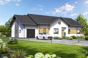 Projekt domu Planujdom 032 - parterowy dom o powierzchni 116,24 m², dach dwuspadowy, koszt budowy 354 000 zł - ujęcie frontu