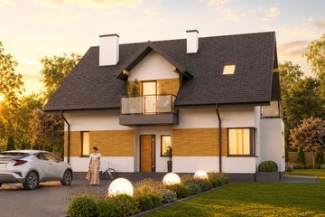 Projekt domu Planujdom 033 - parterowy z poddaszem dom o powierzchni 155,07 m², dach dwuspadowy, koszt budowy 397 000 zł - ujęcie frontu