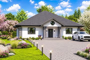 Projekt domu Planujdom 035 - parterowy dom o powierzchni 156,54 m², dach kopertowy, koszt budowy 446 000 zł - ujęcie frontu