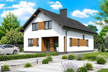 Projekt domu Planujdom 042 - parterowy z poddaszem dom o powierzchni 197,29 m², dach dwuspadowy, koszt budowy 414 309 zł - ujęcie frontu