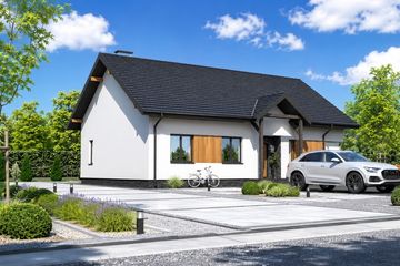 Projekt domu Planujdom 045 - parterowy dom o powierzchni 96,93 m², dach dwuspadowy, koszt budowy 281 000 zł - ujęcie frontu