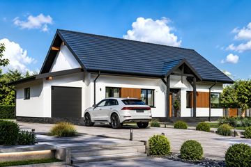 Projekt domu Planujdom 045 ver3 - parterowy dom o powierzchni 97,01 m², dach dwuspadowy, koszt budowy 294 000 zł - ujęcie frontu
