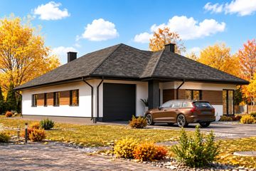 Projekt domu Planujdom 046 - parterowy dom o powierzchni 164,42 m², dach kopertowy, koszt budowy 520 000 zł - ujęcie frontu
