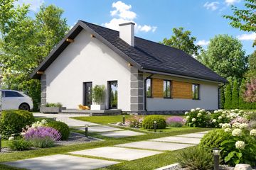 Projekt domu Planujdom 050 - parterowy dom o powierzchni 113,92 m², dach dwuspadowy, koszt budowy 333 000 zł - ujęcie frontu