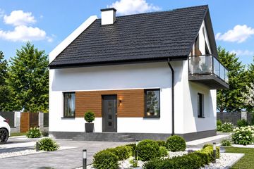 Projekt domu Planujdom 051 - parterowy z poddaszem dom o powierzchni 64,02 m², dach dwuspadowy, koszt budowy 189 000 zł - ujęcie frontu