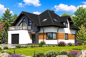 Projekt domu Planujdom 052 - parterowy z poddaszem dom o powierzchni 223,78 m², dach namiotowy, koszt budowy 611 000 zł - ujęcie frontu