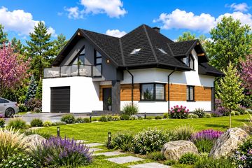 Projekt domu Planujdom 052 - parterowy z poddaszem dom o powierzchni 223,78 m², dach namiotowy, koszt budowy 611 000 zł - ujęcie frontu