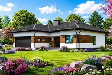 Projekt domu Planujdom 053 - parterowy dom o powierzchni 153,52 m², dach wielospadowy, koszt budowy 490 000 zł - ujęcie frontu
