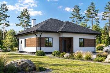 Projekt domu Planujdom 057 - parterowy dom o powierzchni 77,18 m², dach kopertowy, koszt budowy 177 514 zł - ujęcie frontu