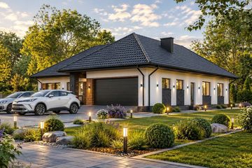 Projekt domu Planujdom 060 - parterowy dom o powierzchni 147,24 m², dach wielospadowy, koszt budowy 470 000 zł - ujęcie frontu