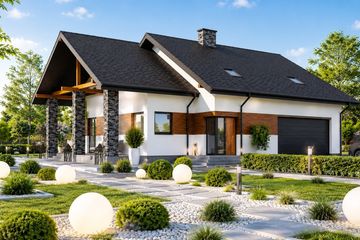 Projekt domu Planujdom 061 - parterowy z poddaszem dom o powierzchni 172,29 m², dach dwuspadowy, koszt budowy 466 000 zł - ujęcie frontu