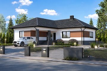 Projekt domu Planujdom 062 - parterowy dom o powierzchni 300,34 m², dach kopertowy, koszt budowy 615 697 zł - ujęcie frontu