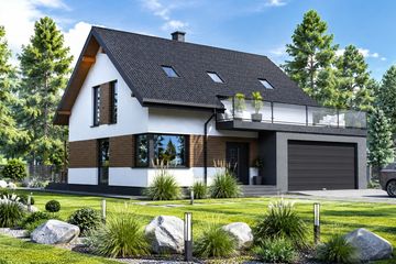 Projekt domu Planujdom 063 - parterowy z poddaszem dom o powierzchni 104,90 m², dach dwuspadowy, koszt budowy 315 000 zł - ujęcie frontu
