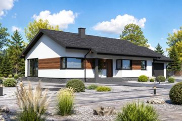 Projekt domu Planujdom 065 - parterowy dom o powierzchni 95,99 m², dach dwuspadowy, koszt budowy 289 000 zł - ujęcie frontu