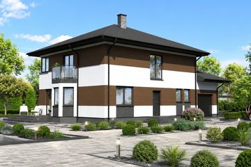 Projekt domu Planujdom 076 - z pełnym piętrem dom o powierzchni 163,26 m², dach kopertowy, koszt budowy 432 000 zł - ujęcie frontu