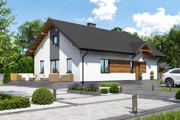 Projekt domu Planujdom 081 - parterowy dom o powierzchni 95,31 m², dach dwuspadowy, koszt budowy 273 000 zł - ujęcie frontu