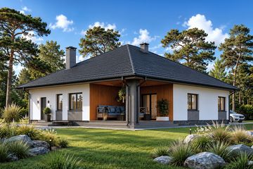 Projekt domu Planujdom 082 - parterowy dom o powierzchni 162,80 m², dach dwuspadowy, koszt budowy 463 000 zł - ujęcie frontu