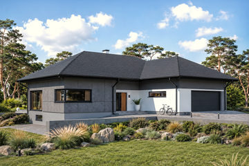 Projekt domu Planujdom 086 - parterowy dom o powierzchni 267,43 m², dach wielospadowy, koszt budowy 835 000 zł - ujęcie frontu