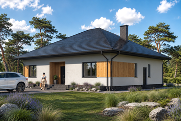 Projekt domu Planujdom 091 ver2 - parterowy dom o powierzchni 130,83 m², dach kopertowy, koszt budowy 375 000 zł - ujęcie frontu