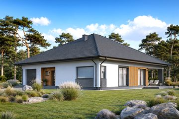 Projekt domu Planujdom 102 - parterowy dom o powierzchni 183,03 m², dach kopertowy, koszt budowy 537 000 zł - ujęcie frontu