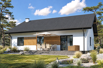 Projekt domu Planujdom 106 - parterowy dom o powierzchni 110,85 m², dach dwuspadowy, koszt budowy 316 000 zł - ujęcie frontu