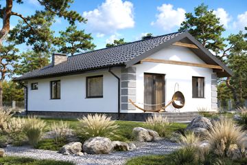 Projekt domu Planujdom 108 - parterowy dom o powierzchni 73,26 m², dach dwuspadowy, koszt budowy 221 000 zł - ujęcie frontu