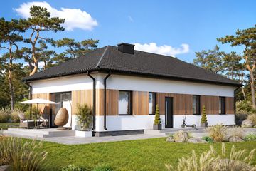 Projekt domu Planujdom 110 - parterowy dom o powierzchni 94,90 m², dach kopertowy, koszt budowy 272 000 zł - ujęcie frontu
