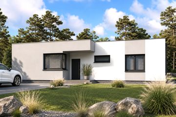 Projekt domu Planujdom 112 - parterowy dom o powierzchni 121,44 m², dach płaski, koszt budowy 348 000 zł - ujęcie frontu