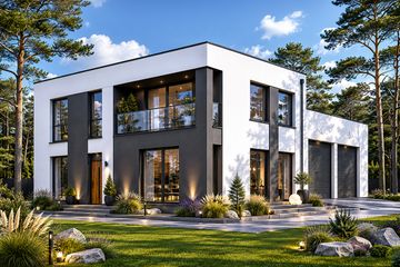 Projekt domu Planujdom 122 - z pełnym piętrem dom o powierzchni 146,74 m², dach płaski, koszt budowy 490 000 zł - ujęcie frontu