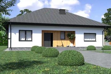 Projekt domu Planujdom 128 - parterowy dom o powierzchni 125,02 m², dach kopertowy, koszt budowy 333 000 zł - ujęcie frontu