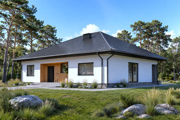 Projekt domu Planujdom 128 - parterowy dom o powierzchni 125,02 m², dach kopertowy, koszt budowy 356 000 zł - ujęcie frontu