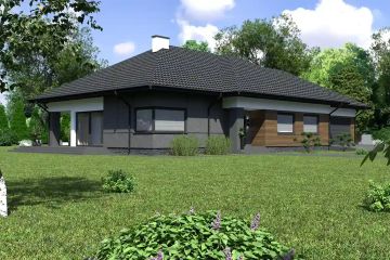 Projekt domu Planujdom 130 - parterowy dom o powierzchni 174,98 m², dach wielospadowy, koszt budowy 485 000 zł - ujęcie frontu