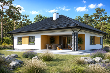 Projekt domu Planujdom 135 - parterowy dom o powierzchni 132,21 m², dach kopertowy, koszt budowy 378 000 zł - ujęcie frontu