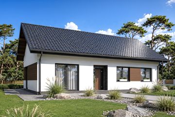 Projekt domu Planujdom 140 - parterowy dom o powierzchni 131,12 m², dach wielospadowy, koszt budowy 364 000 zł - ujęcie frontu