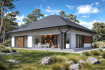 Projekt domu Planujdom 146 - parterowy dom o powierzchni 174,89 m², dach kopertowy, koszt budowy 498 000 zł - ujęcie frontu