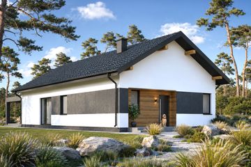 Projekt domu Planujdom 150 - parterowy dom o powierzchni 106,55 m², dach dwuspadowy, koszt budowy 307 000 zł - ujęcie frontu