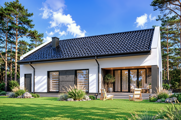 Projekt domu Planujdom 155 - parterowy dom o powierzchni 131,53 m², dach dwuspadowy, koszt budowy 352 000 zł - ujęcie frontu