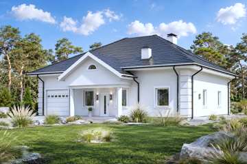 Projekt domu Planujdom 158 - parterowy z poddaszem dom o powierzchni 235,02 m², dach kopertowy, koszt budowy 575 000 zł - ujęcie frontu