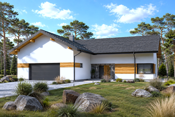 Projekt domu Planujdom 165 - parterowy dom o powierzchni 153,26 m², dach dwuspadowy, koszt budowy 439 000 zł - ujęcie frontu